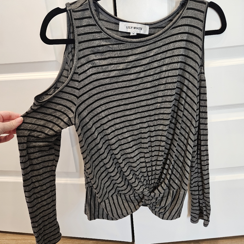 Lily White Gray and Black Crop Tie Front Blouse